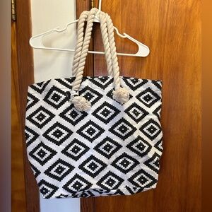 Black & White Geometric Tote with Rope Handles